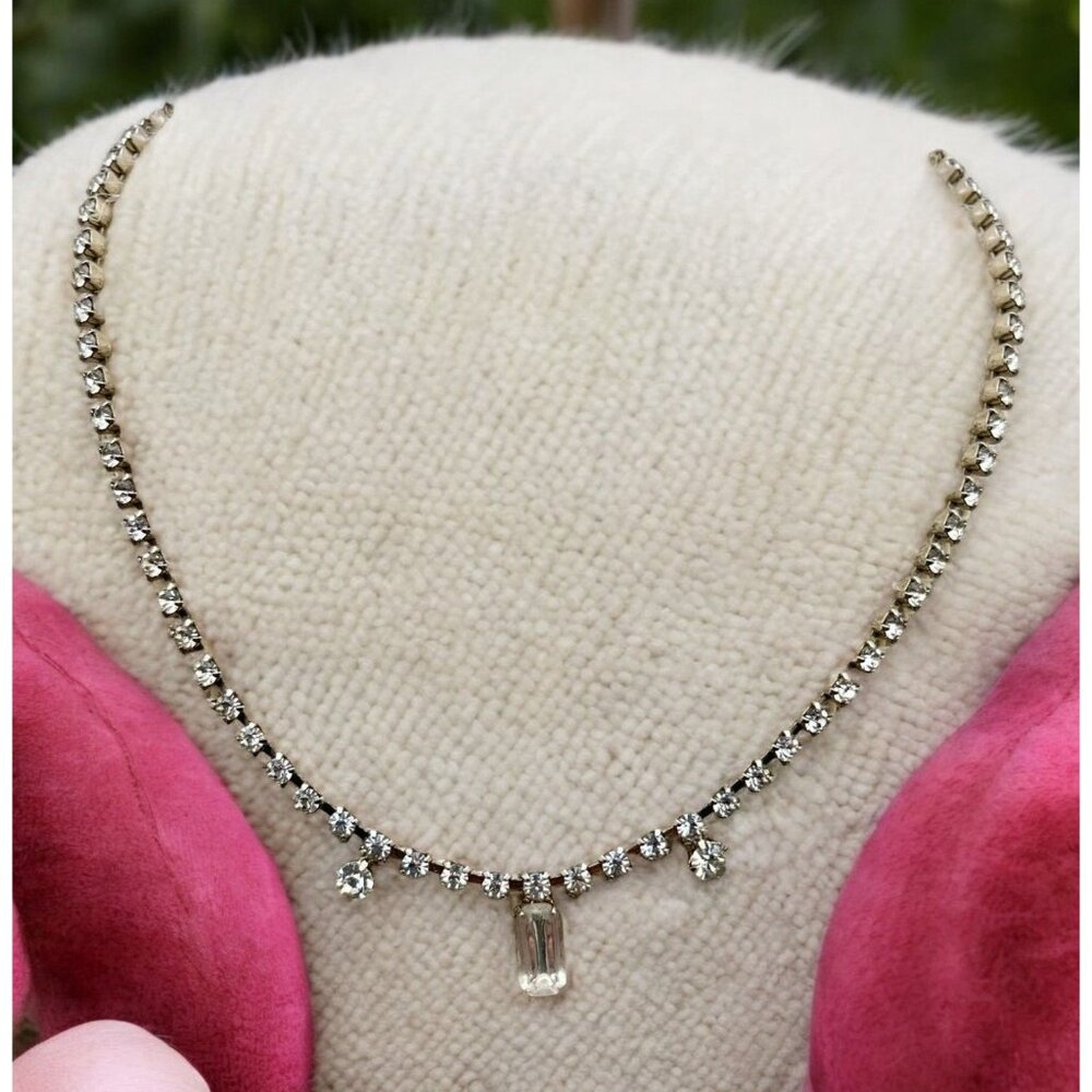 Vintage Rhinestone Choker Necklace Silver Tone Prong Set Cocktail Party Formal